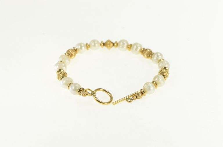 10K Yellow Gold Retro Vintage Pearl Ornate Toggle Clasp Bracelet