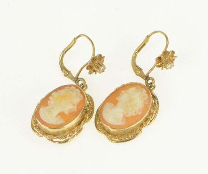 14K Yellow Gold Shell Cameo Diamond Lever Back Earrings