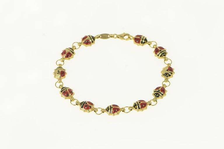 14K Yellow Gold Puffy Enamel Lady Bug Good Luck Bracelet