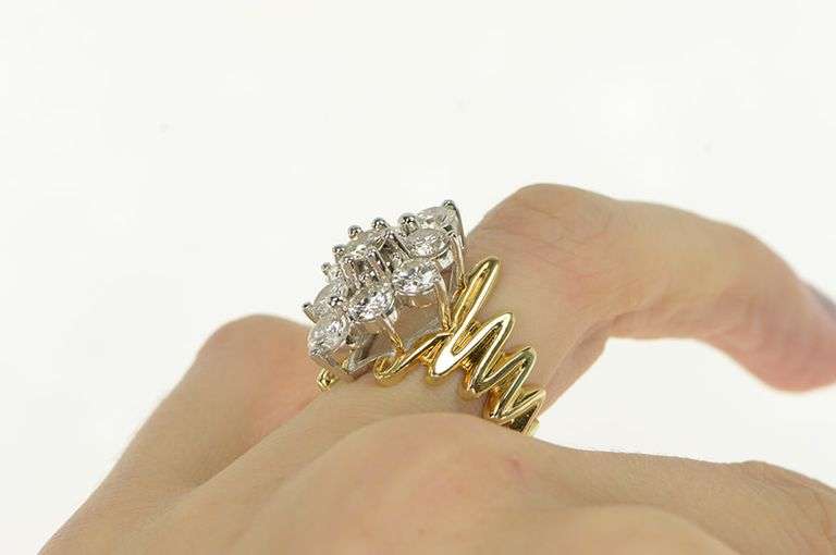 14K Yellow Gold 3.50 Ctw Diamond Cluster Zig Zag Statement Ring