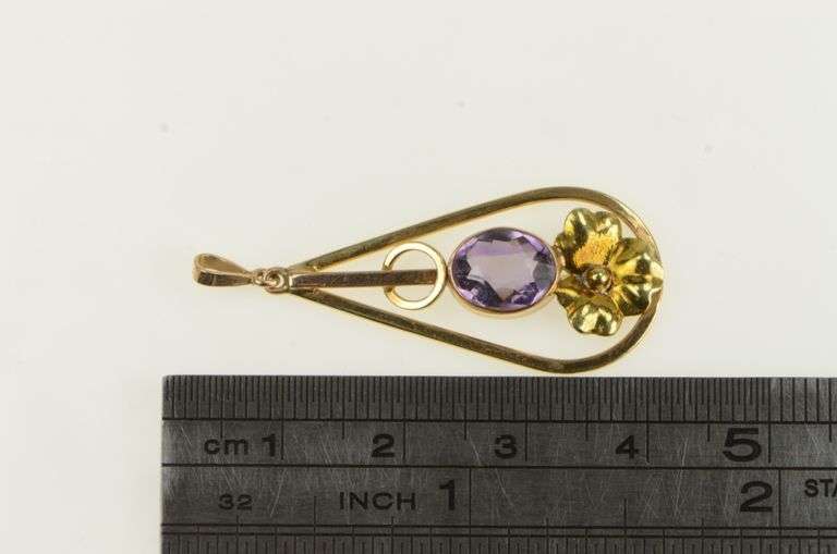 14K Yellow Gold Oval Amethyst Arts & Crafts Floral Vintage Pendant
