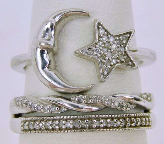 2 Sterling Silver Pave Diamond Rings, Size 6.5