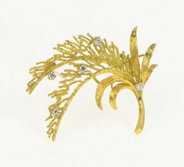 18K Yellow Gold 1960's Wheat Vine Branch Frond Leaf Curved Pin/Brooch