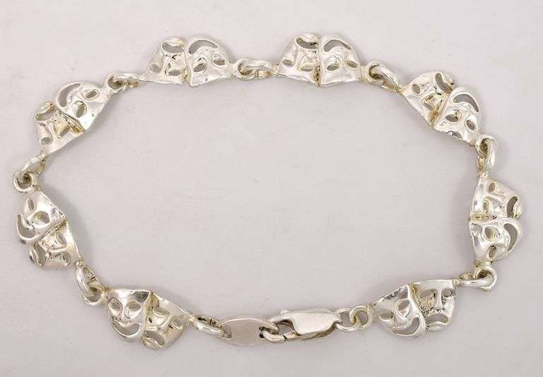 Sad and Happy Theater Mask Bracelet in Sterling Silver