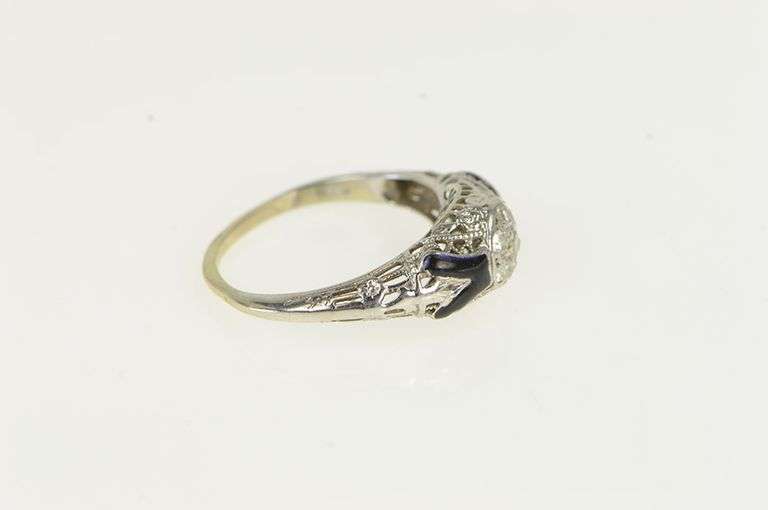 14K White Gold Art Deco Diamond Filigree Enamel Engagement Ring