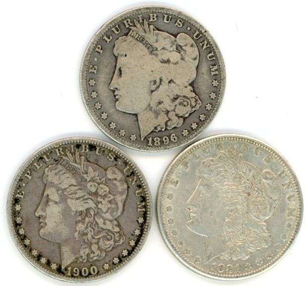 Three Different Morgan Silver Dollars 1896-O, 1900-O, & 1921-D.