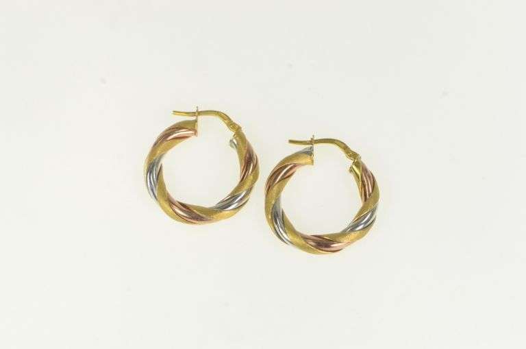 9K Yellow Gold 24.3mm Vintage Two Tone Statement Hoop Earrings
