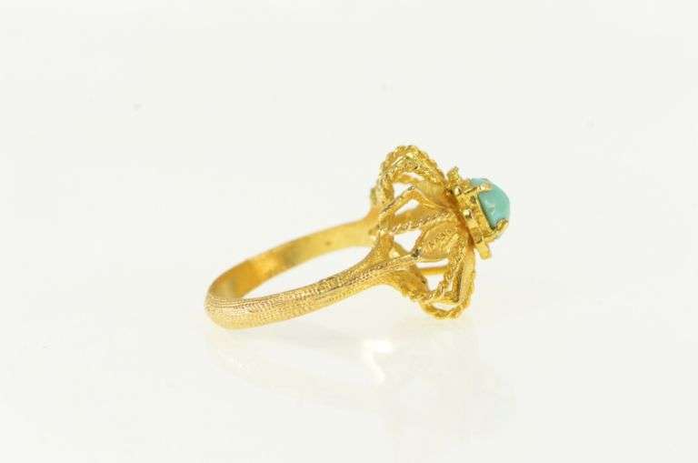 18K Yellow Gold Oval Turquoise Ornate Leaf Cluster Statement Ring
