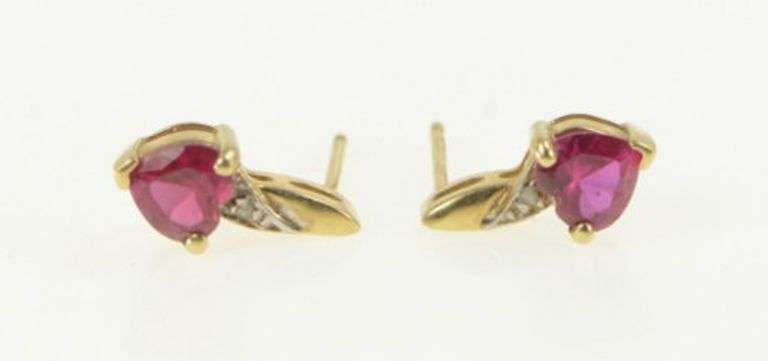 10K Yellow Gold Heart Syn. Ruby Diamond Accent Stud Earrings