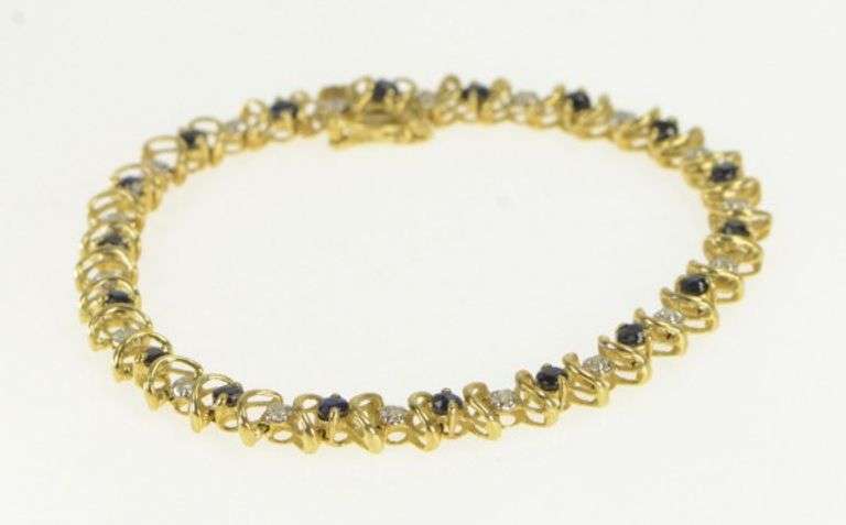 10K Yellow Gold Natural Sapphire Diamond Curved Link Bracelet