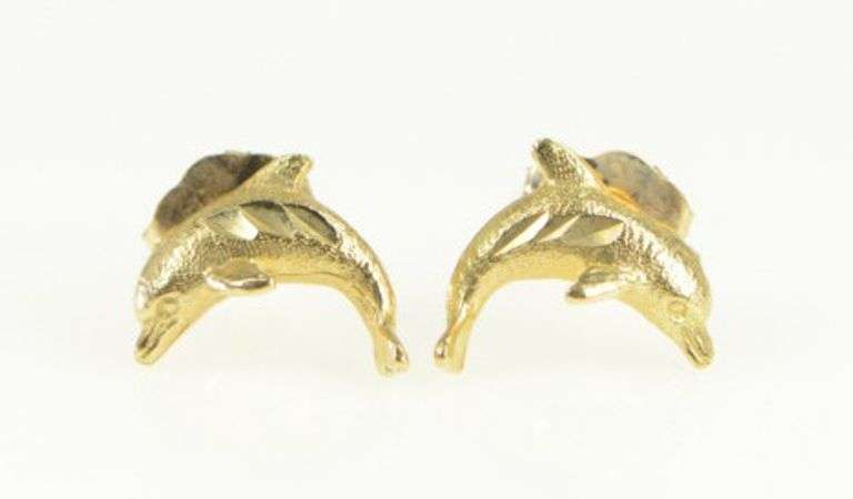 14K Yellow Gold Diamond Cut Jumping Dolphin Stud Earrings