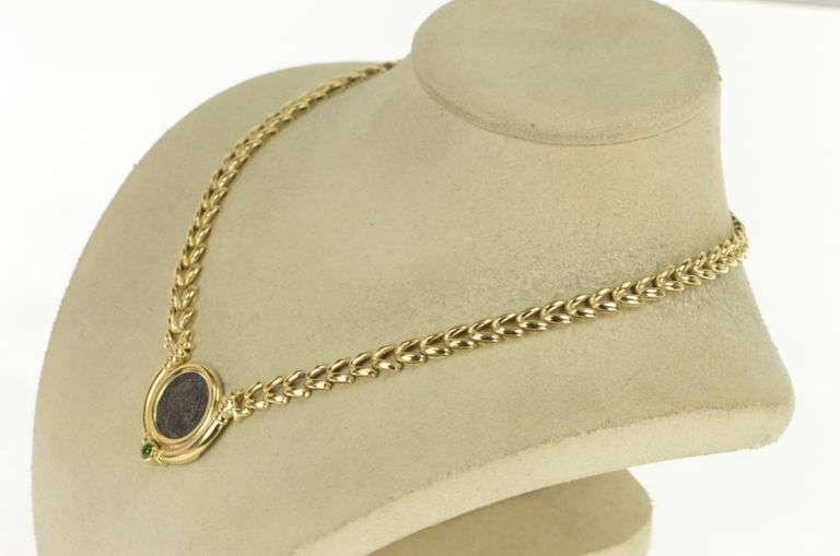 14K Yellow Gold Ancient Roman Coin Peridot Arrow Link Chain Necklace