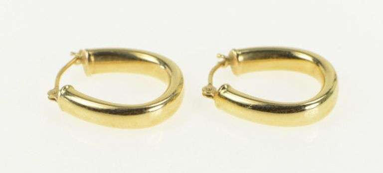 14K Yellow Gold 18.2mm Oval Puffy Vintage Statement Hoop Earrings