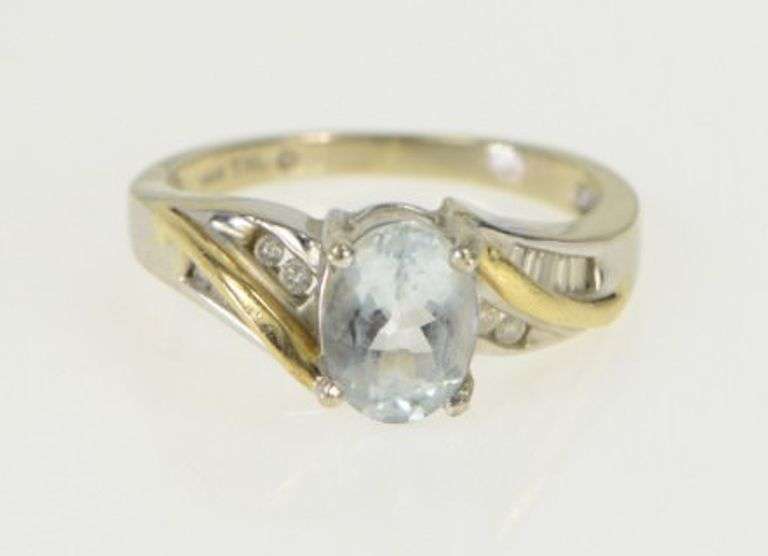 14K Yellow Gold Oval Blue Topaz Diamond Two Tone Bypass Ring