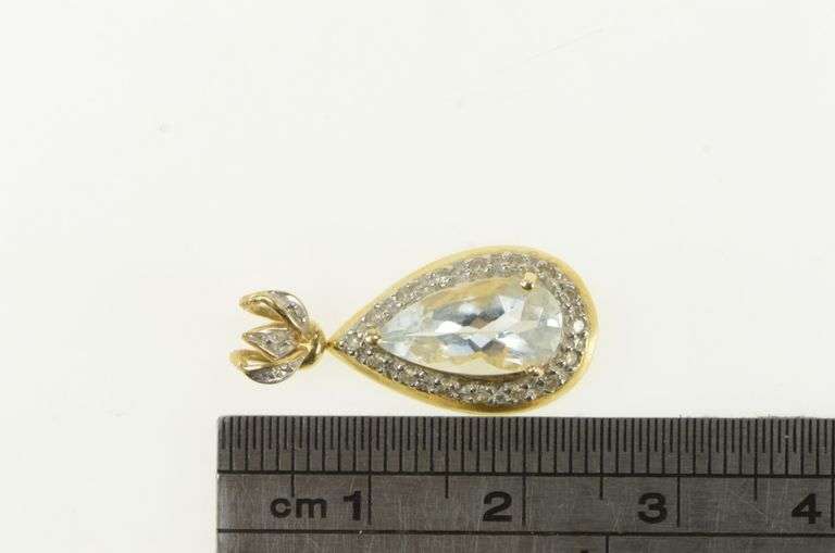 14K Yellow Gold Pear Blue Topaz Diamond Halo Vintage Drop Pendant