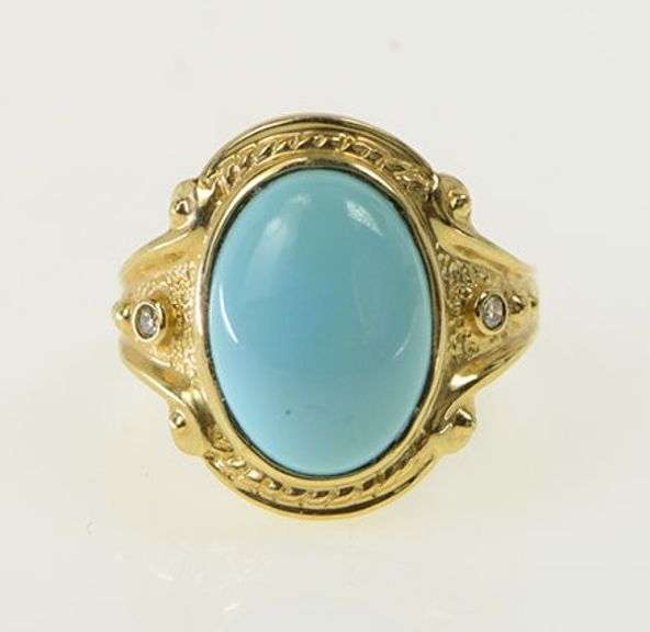 14K Yellow Gold LeVian Turquoise Cabochon Diamond Statement Ring