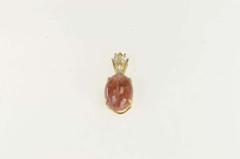 10K Yellow Gold Oval Goldstone Cabochon CZ Vintage Pendant