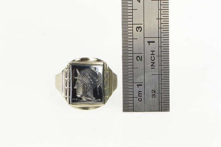 10K White Gold Hematite Intaglio Cameo Roman Soldier Ring