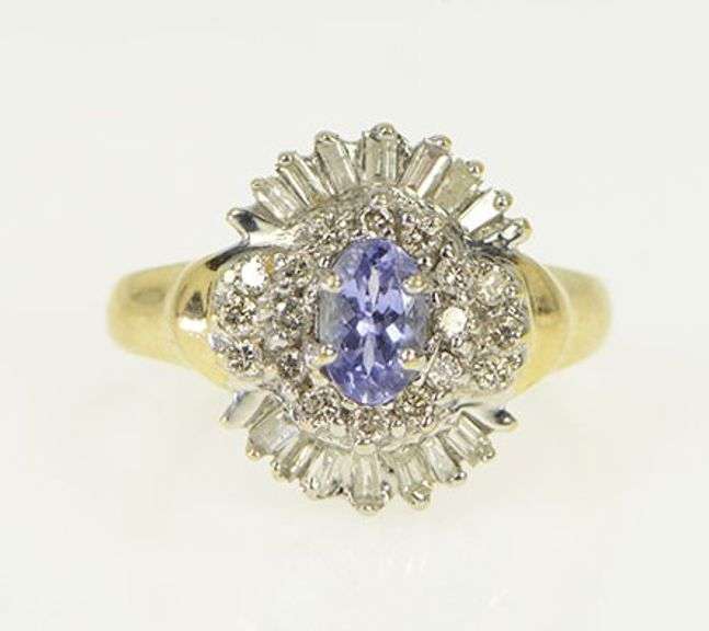 14K Yellow Gold Oval Tanzanite Diamond Halo Engagement Ring