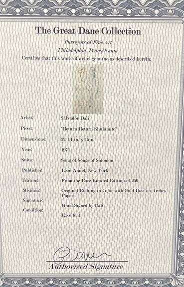 Rare Hand Signed Salvador Dali Etching with Gold Dust Cirac 1971