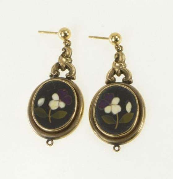 10K Yellow Gold Ornate Orchid Inlay Vintage Oval Dangle Earrings