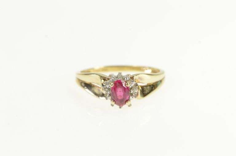 10K Yellow Gold Synthetic Ruby Diamond Halo Ring