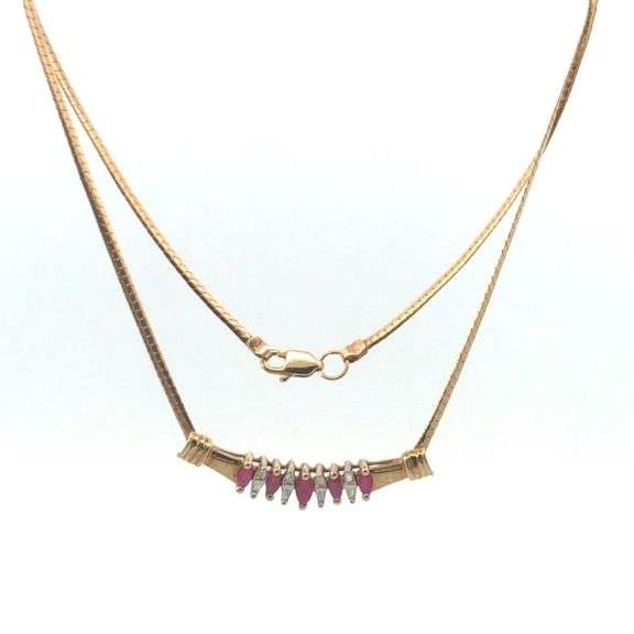 10K Yellow Gold Marquise Ruby Diamond Curved Statement Necklace