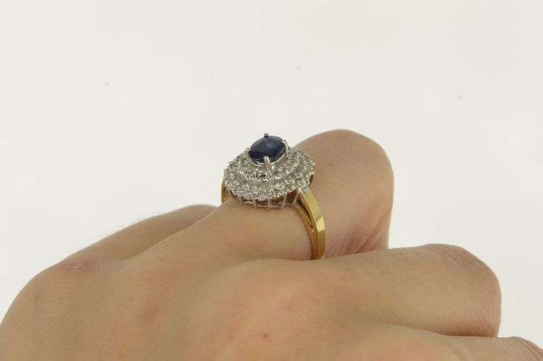 14K Yellow Gold Oval Sapphire Diamond Tiered Halo Engagement Ring