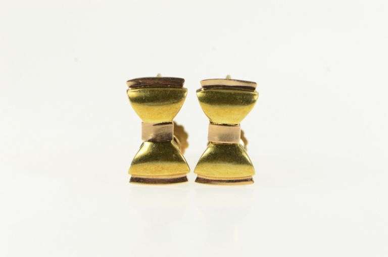 14K Yellow Gold 1960's Retro 3D Bow Ribbon Screw Back Earrings
