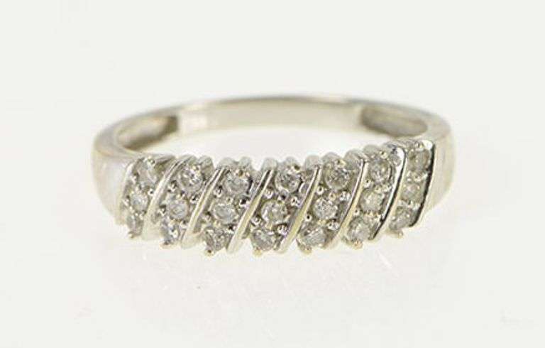 14K White Gold Diamond Slanted Stripe Statement Band Ring