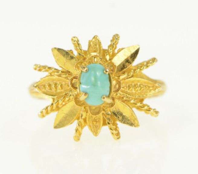 18K Yellow Gold Oval Turquoise Ornate Leaf Cluster Statement Ring
