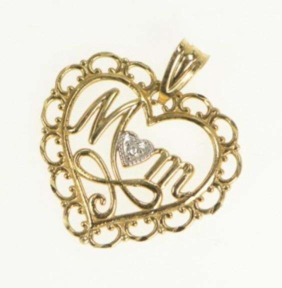 10K Yellow Gold Mom Filigree Heart Diamond Mother's Day Charm/Pendant