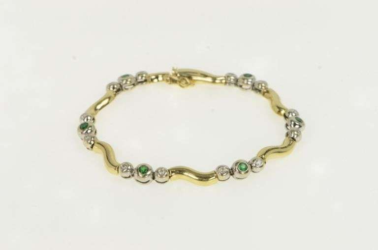 14K Yellow Gold Emerald Diamond Accent Wavy Link Vintage Bracelet