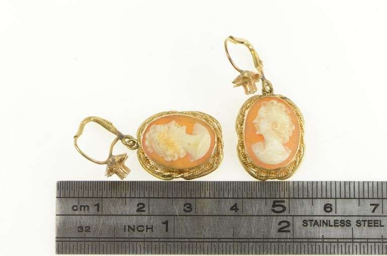 14K Yellow Gold Shell Cameo Diamond Lever Back Earrings