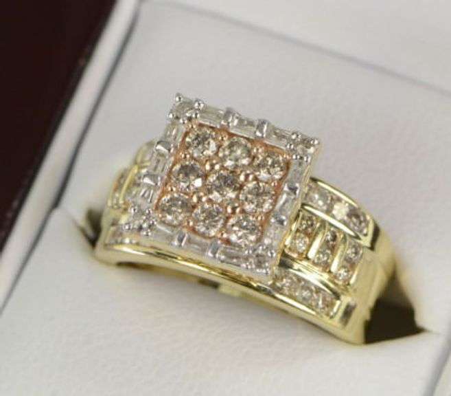 10K Yellow Gold 1.37 Ctw Squared Diamond Cluster Engagement Ring