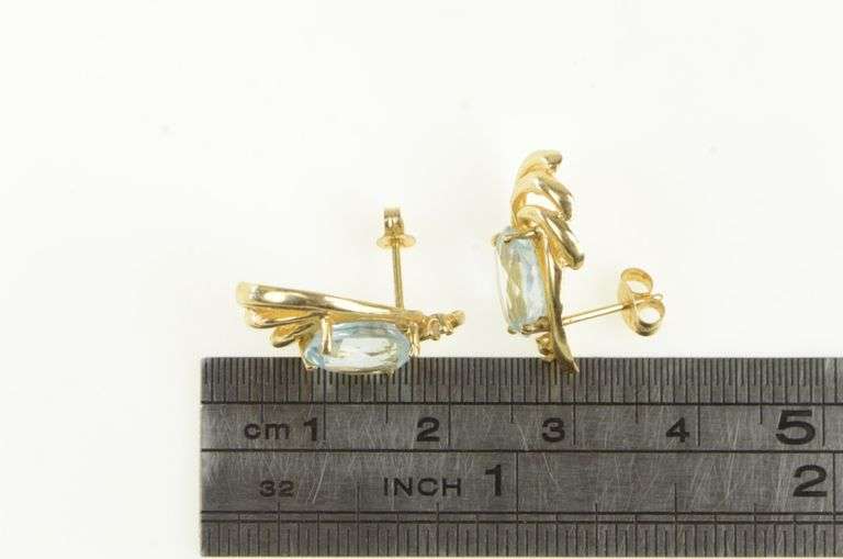 14K Yellow Gold Oval Blue Topaz Swirl Statement Stud Earrings