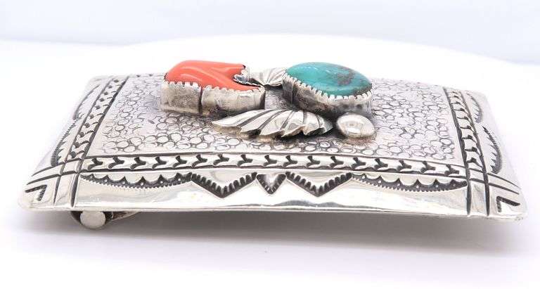 Vintage 925 Sterling Silver Signed Turquoise and Coral Belt Buckle