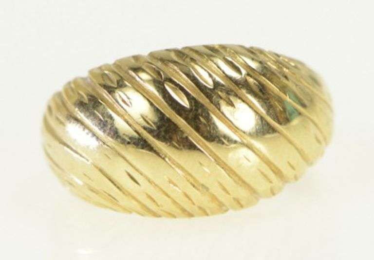 10K Yellow Gold Diamond Cut Domed Striped Grooved Band Ring