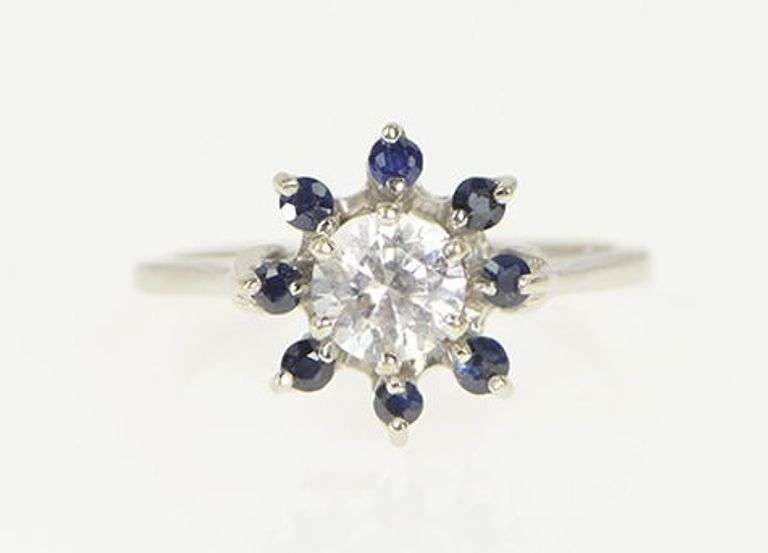 14K White Gold 1950's White & Blue Sapphire Engagement Ring