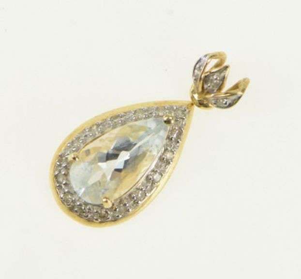 14K Yellow Gold Pear Blue Topaz Diamond Halo Vintage Drop Pendant