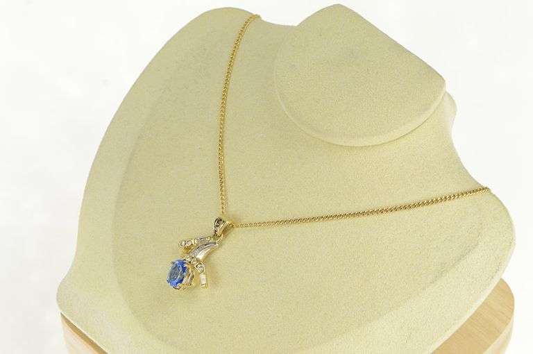 14K Yellow Gold Oval Blue Topaz Diamond Freeform Pendant