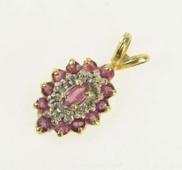 14K Yellow Gold Marquise Ruby Diamond Halo Cluster Vintage Pendant