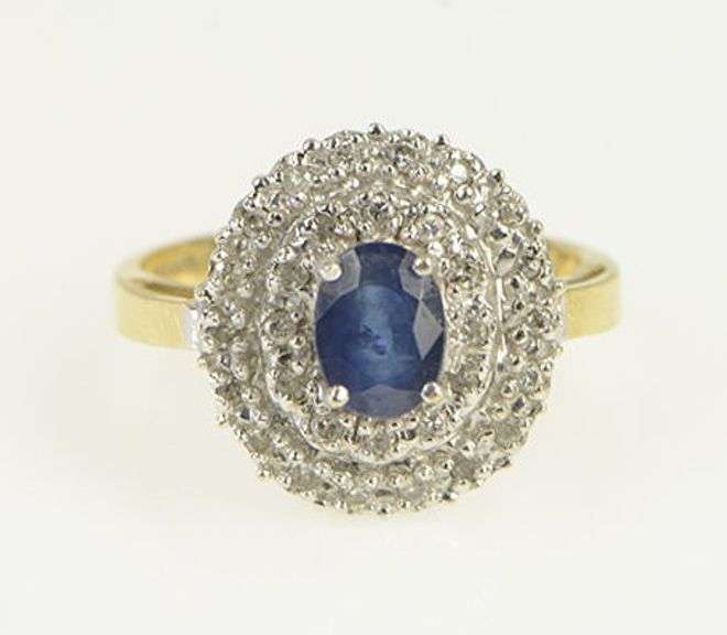 14K Yellow Gold Oval Sapphire Diamond Tiered Halo Engagement Ring