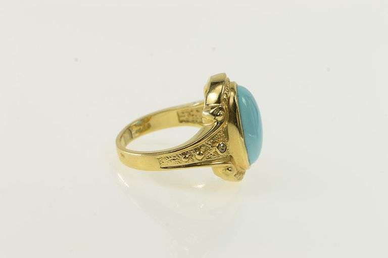 14K Yellow Gold LeVian Turquoise Cabochon Diamond Statement Ring