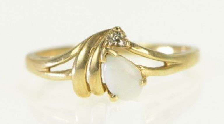 10K Yellow Gold Pear Natural Opal Diamond Accent Bypass Ring