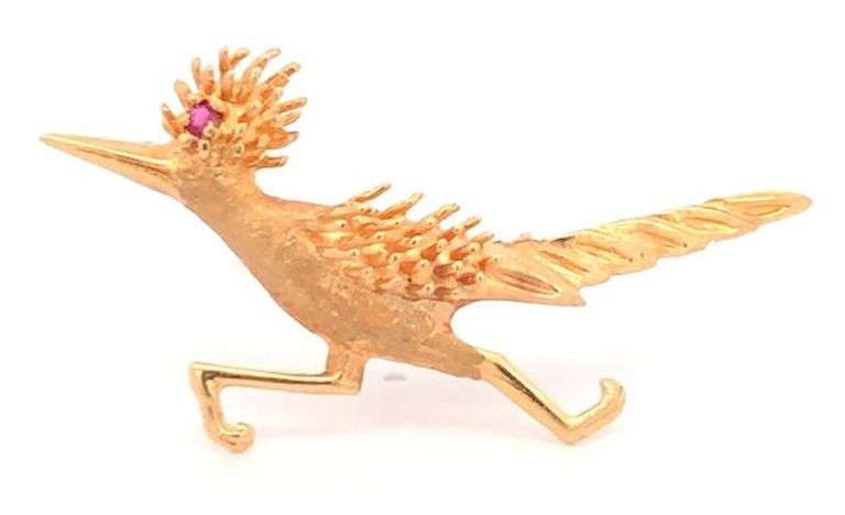 14K Yellow Gold Road Runner Ruby Eyed Retro Speed Symbol Pin/Brooch