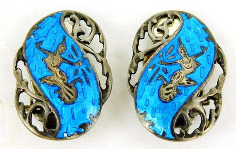 Vintage Sterling Siam Blue Enameled Earrings