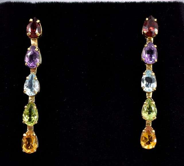Beautiful Multi-Gem Dangle Earrings in 14K Yellow Gold