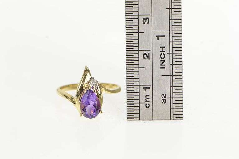 14K Yellow Gold Pear Amethyst Diamond Accent Vintage Ring