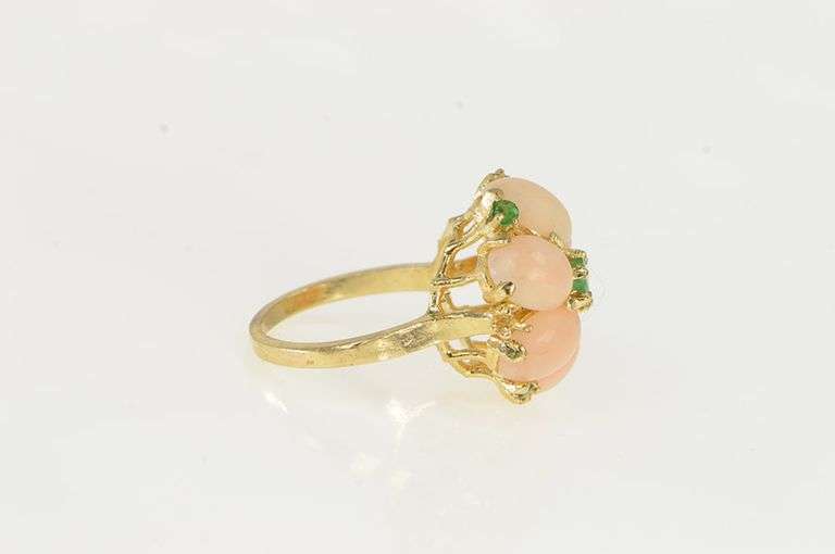 14K Yellow Gold 1960's Coral Emerald Vintage Domed Cocktail Ring